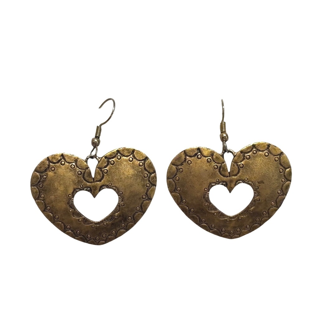 Antique Brass Heart Cutout Drop Earrings Stamped Scalloped Border Boho Dangle